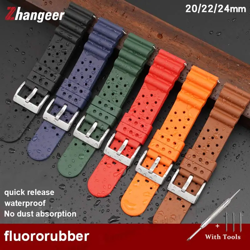 18 20 22 24mm Quick Release Fluororubber Watch Band Strap Sport Waterproof  Universal Watch Bracelet Watch Accessories with Tool