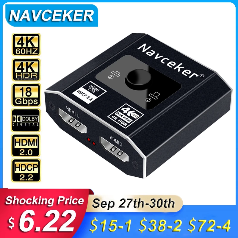 Navceker HDMI 2.1 Splitter Switch 8K 60Hz 4K 120Hz 2 in 1 out for TV Xiaomi Xbox SeriesX PS5HDMI Cable Monitor HDMI 2.1 Switcher