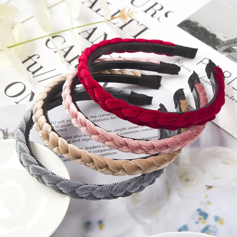 Weaving Hairbands Women Braided Velvet Headbands Hair Hoop Bands Elastic Fashion Bezel Non-Slip Headdress Bezel Hair Accessories