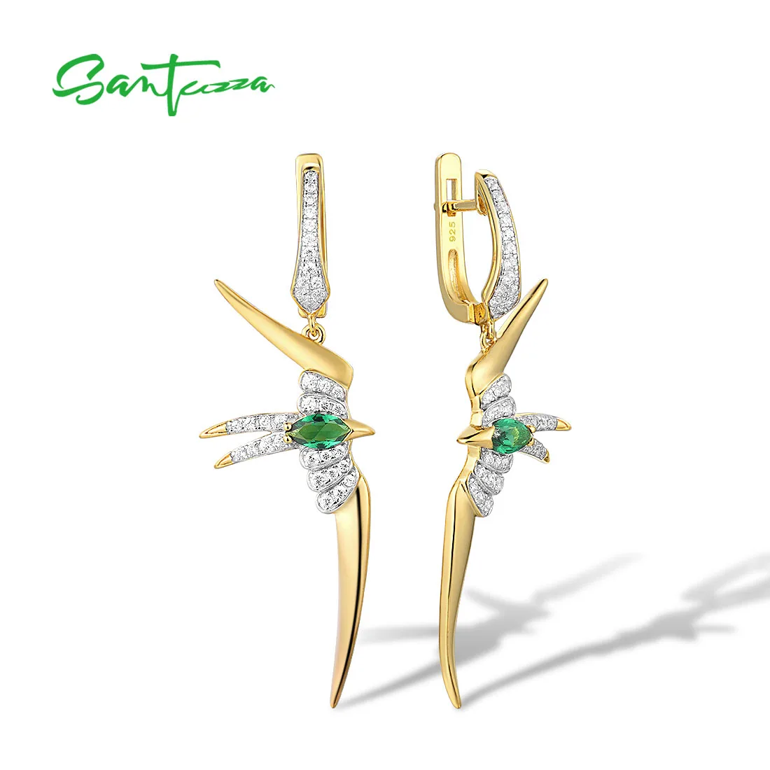 SANTUZZA Silver Earrings For Women 925 Sterling Silver Green Spinel White CZ Gold Color Earrings Swallow Fine Party Gift Jewelry