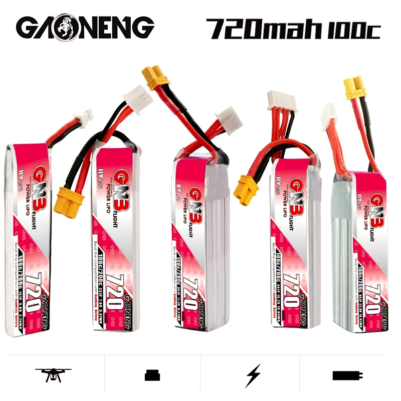 GAONENG Lipo Bateria para RC FPV Tinywhoop Kit Quadro, Peças De Reposição, GNB 1S 2S 3S 4S 6S, 720mAh Max, 200C HV Lipo Bateria, 5pcs por conjunto