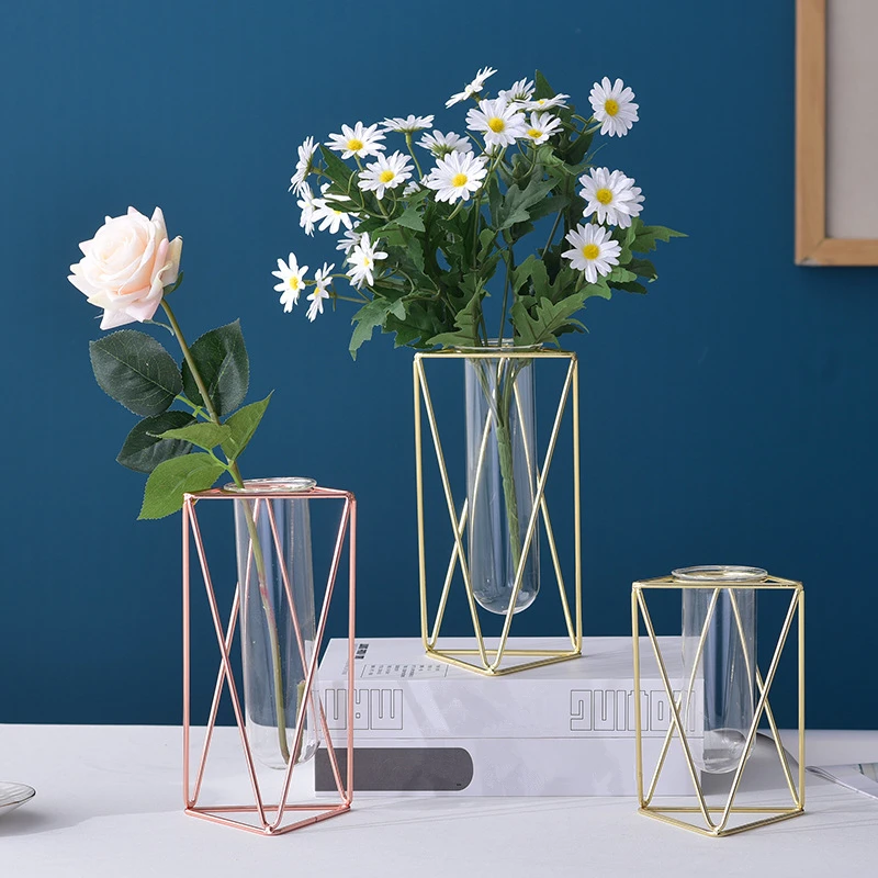 1Pc Modern Geometric Iron Glass Vase Tube Flower Arrangement Hydroponic Plant Terrarium Home Decor