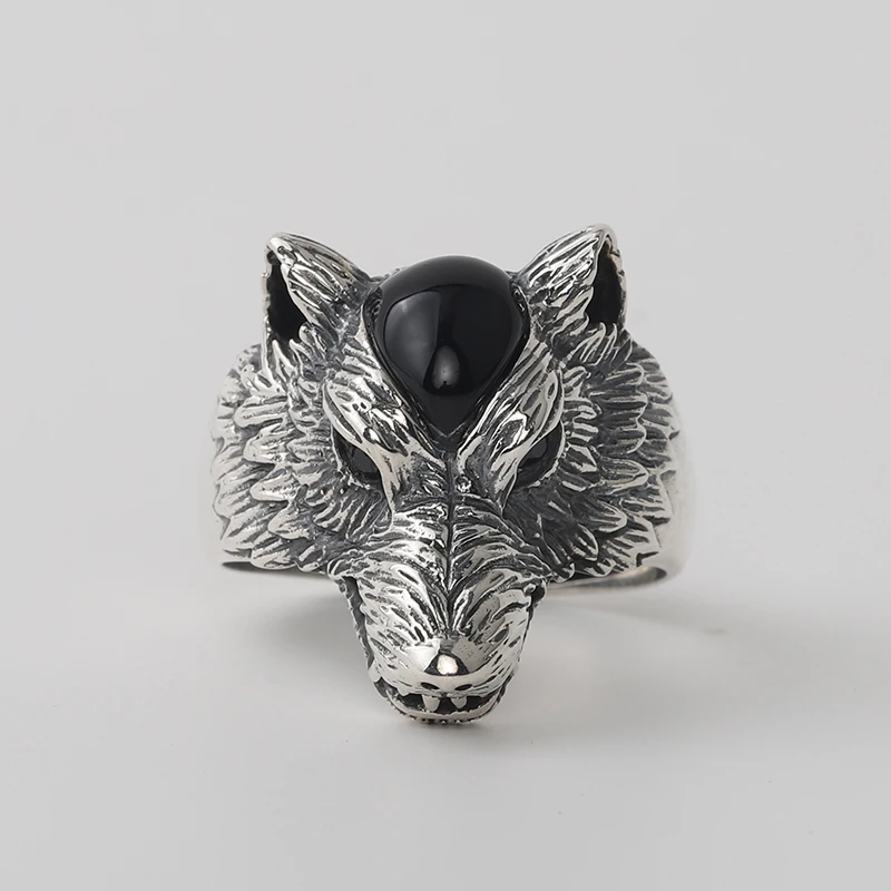 100%925 silver ring Thai silver lapis lazuli inlaid wolf head ring Old hand-carved silver ring