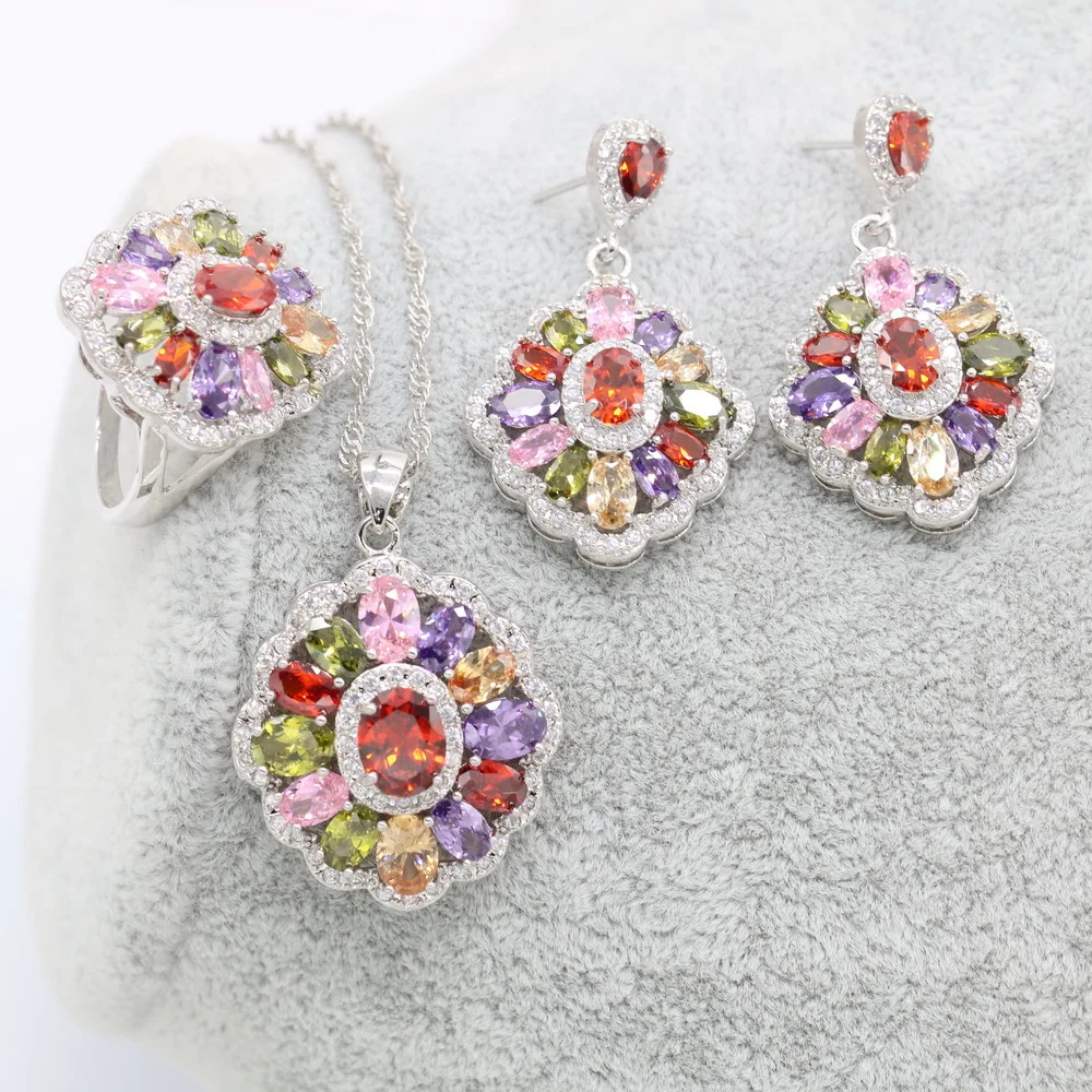 Luxury Jewelry Earrings XUTAAYI Silver Wedding Jewelry Sets For Women  Multicolor Bracelet Rings Bridal Pendant Necklace Set