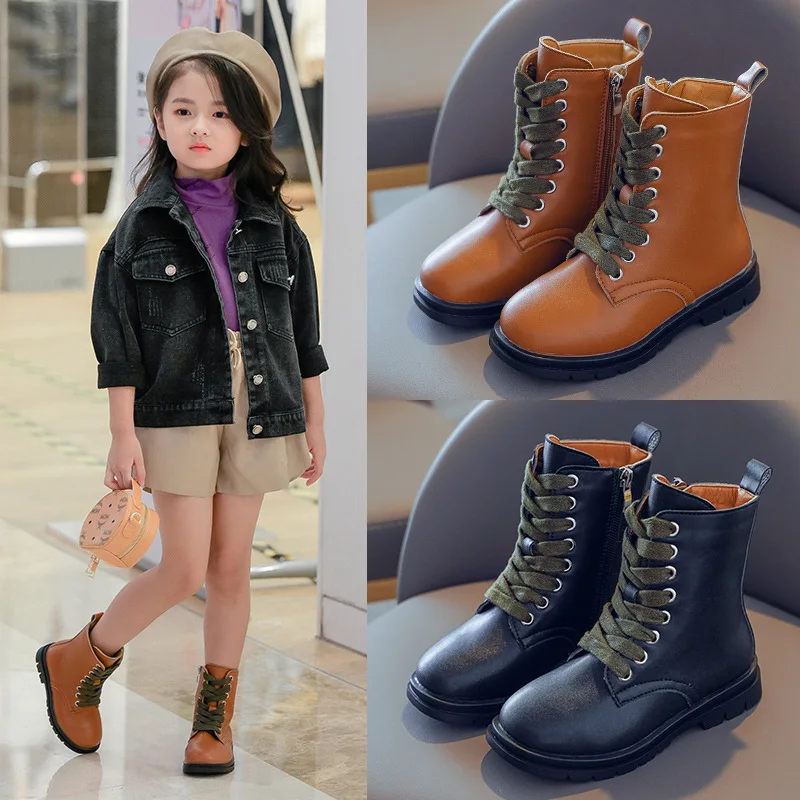 British style children\'s boots Girls Boots Non-slip Spring Autumn Kids leather shoes black brown 3 4 5 6 7 8 9 10 11 12T