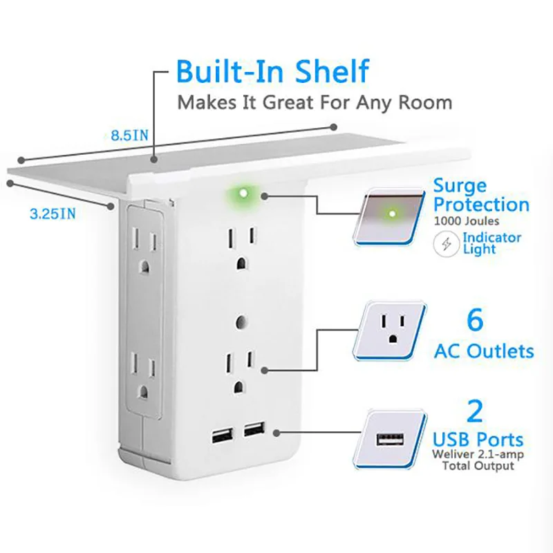 

American home tray bracket socket 1 to 6 port US power socket plus 2*2.1A USB ports output conversion shelf power socket