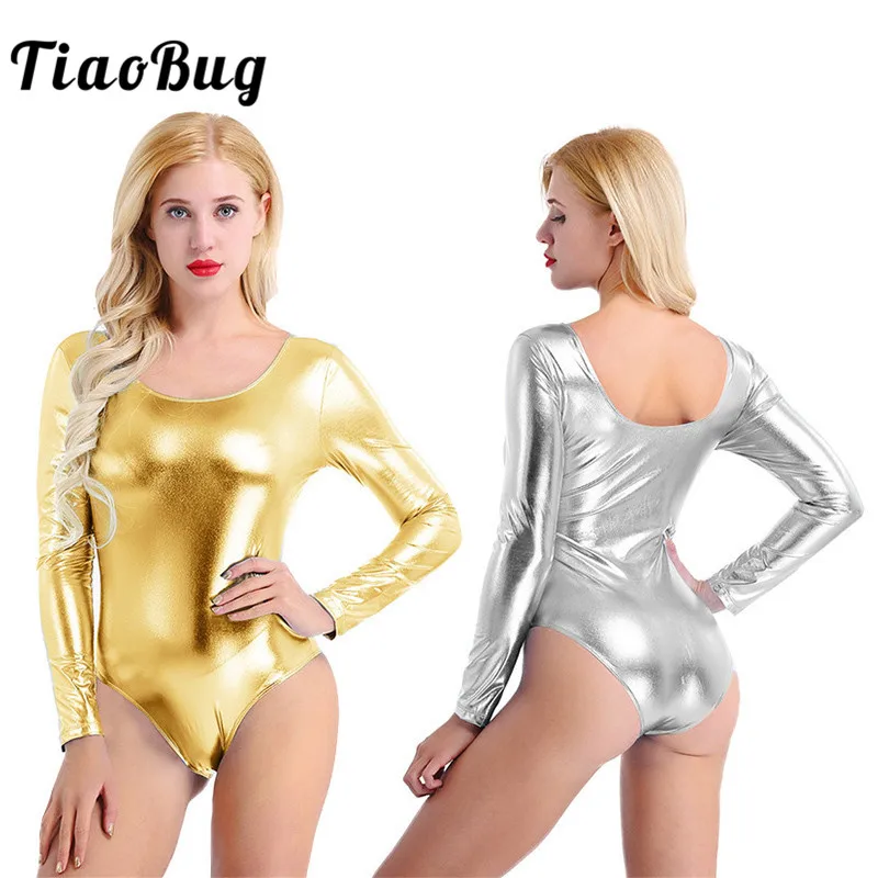 

TiaoBug Women Dancewear Sexy Bodysuit Swimsuit Shiny Patent Leather Long Sleeves Ballet Gymnastics Leotard Festival Rave Costume