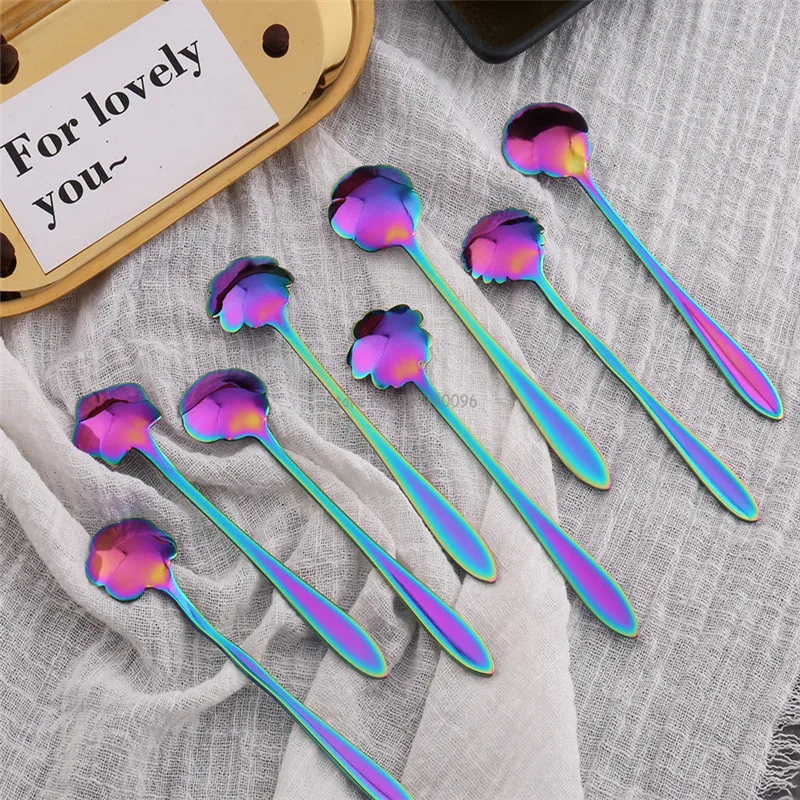 8Pcs Creative Coffee Spoon stainless steel Colorful Stirring Milk Teaspoon Dessert Ice Cream Spoon Tableware Flowers Design