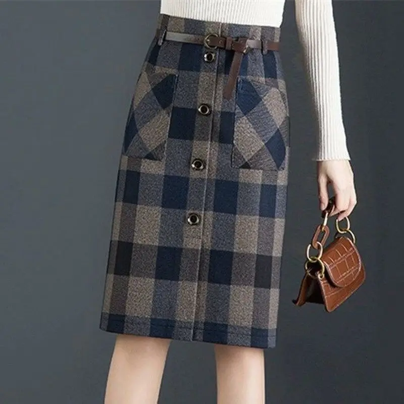 

Skirt 2021 New Mid-Length Autumn and Winter Wild Plaid Sheath A- line Skirt Large Size Fat Girl Slimming High-End Western Style