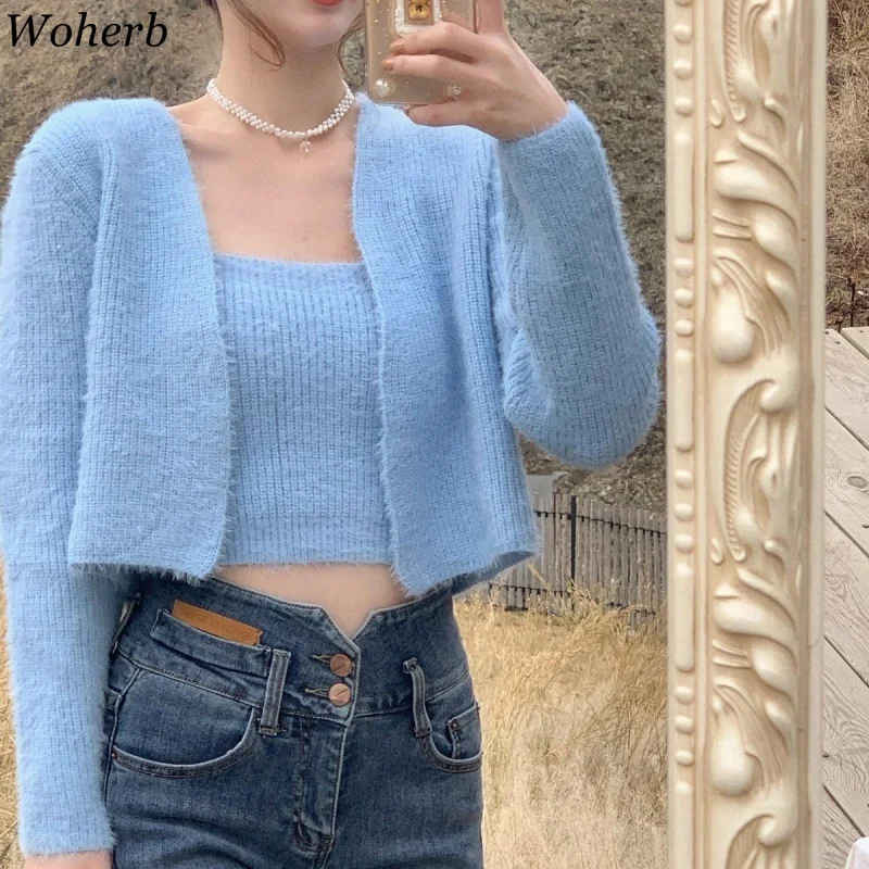 Woherb Women Mohair Two Piece Set Korean Spring Autumn Crop Tank Strap Vest + Thin Long Sleeve Knitted Cardigan Pull 2024 Chic