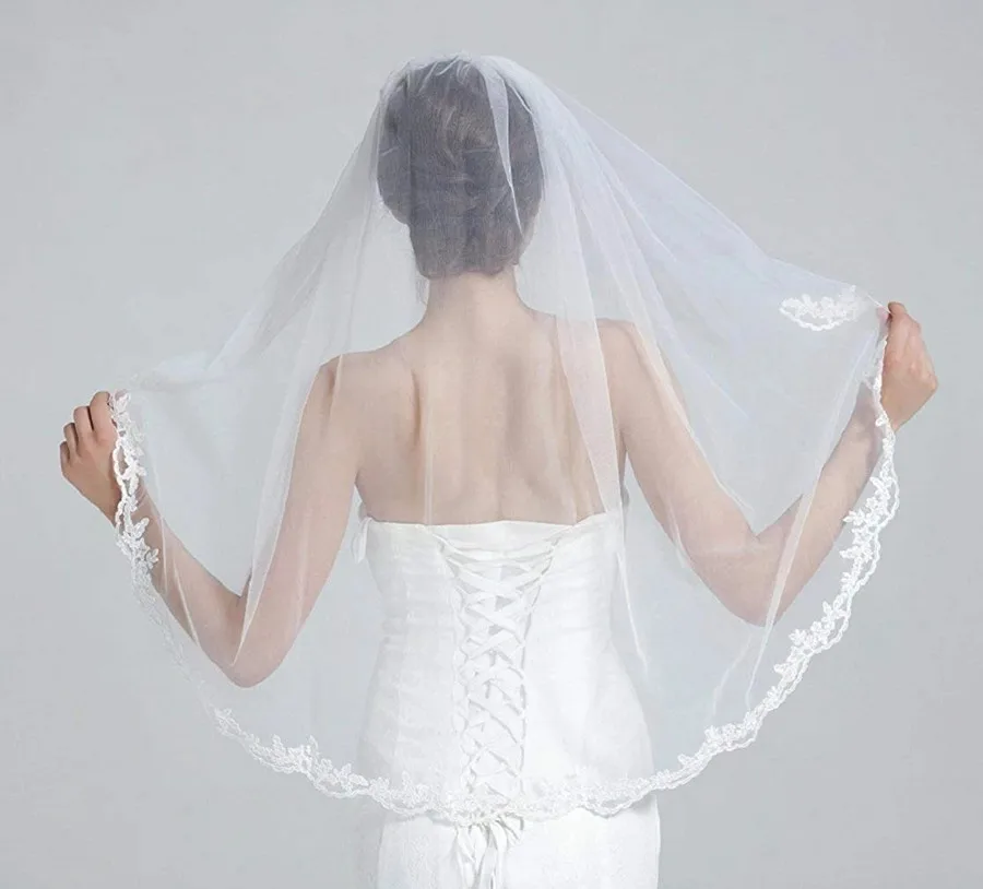 Bruidssluier Wit Ivoor Met Kam Een Layer Lace Edge Vingertop Lengte 36 "Wedding Veils Bruiloft Accessoires Bruid Veu