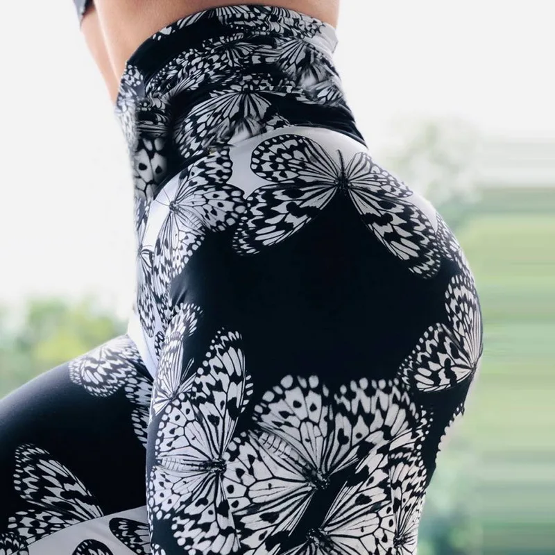 FCCEXIO High Waist Fitness Elastic Leggings Black&White Butterfly Print Sexy  Leggins Casual Workout Sport Tight Pants