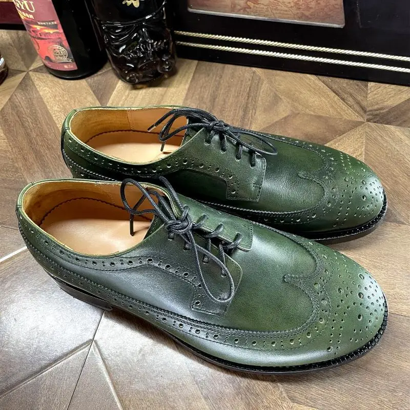 Sipriks Men\'s Goodyear Welted Shoes Calf Leather Brogue Shoes Dark Green Wingtip Dress Shoes British Handmade Gent Suit Shoes 45