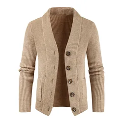 Khaki Cardigan Men Cotton Sweater Long Sleeve Mens V-Neck Sweaters Loose Solid Button Tops Fit Knitting Casual Style Clothing
