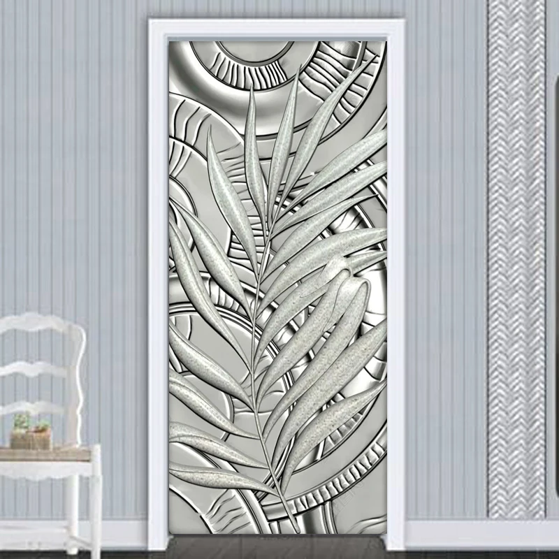 

Self-Adhesive Door Sticker Modern 3D Plaster Relief Leaves Wallpaper Living Room Bedroom Door Decal 3D Door Murals Art Stickers