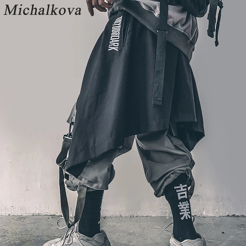 Michalkova nieregularne Hip Hop mężczyźni spódnica w pasie Harajuku regulowany Streetwear czarny plisowany fartuch Gothic Jogger hemlines