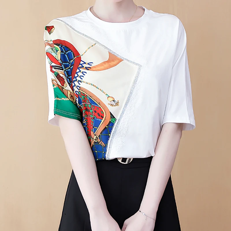 White And Black Woman Tshirts Women Summer 2022 T Shirt Vintage Embroidery Cotton Pactwork Chiffon Tee Shirt Femme Korean Tshirt