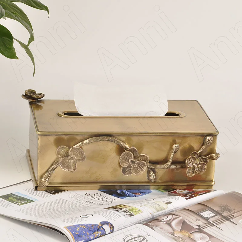 Imagem -04 - Criatividade Latão Ameixa Caixas de Tecido Europeu Moderno Alívio Artesanato Ouro Metal Handwork Papel Toalha Organização Decoração para Casa