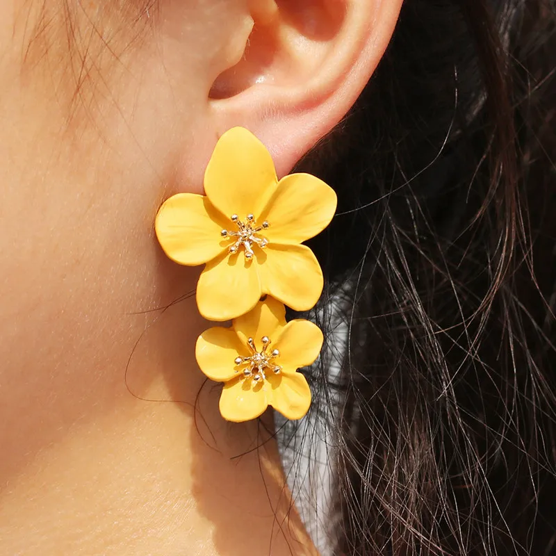 Korean Big Double Flower Drop Earrings for Woman Summer Beach Party Metal Statement Ear Boho Fashion Jewelry Girl Gift