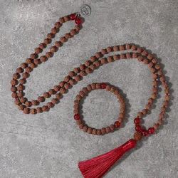 Original Rudraksha Red Agate 108 Mala Necklace Meditation Yoga Prayer Japamala Set with Bracelet Jewelry