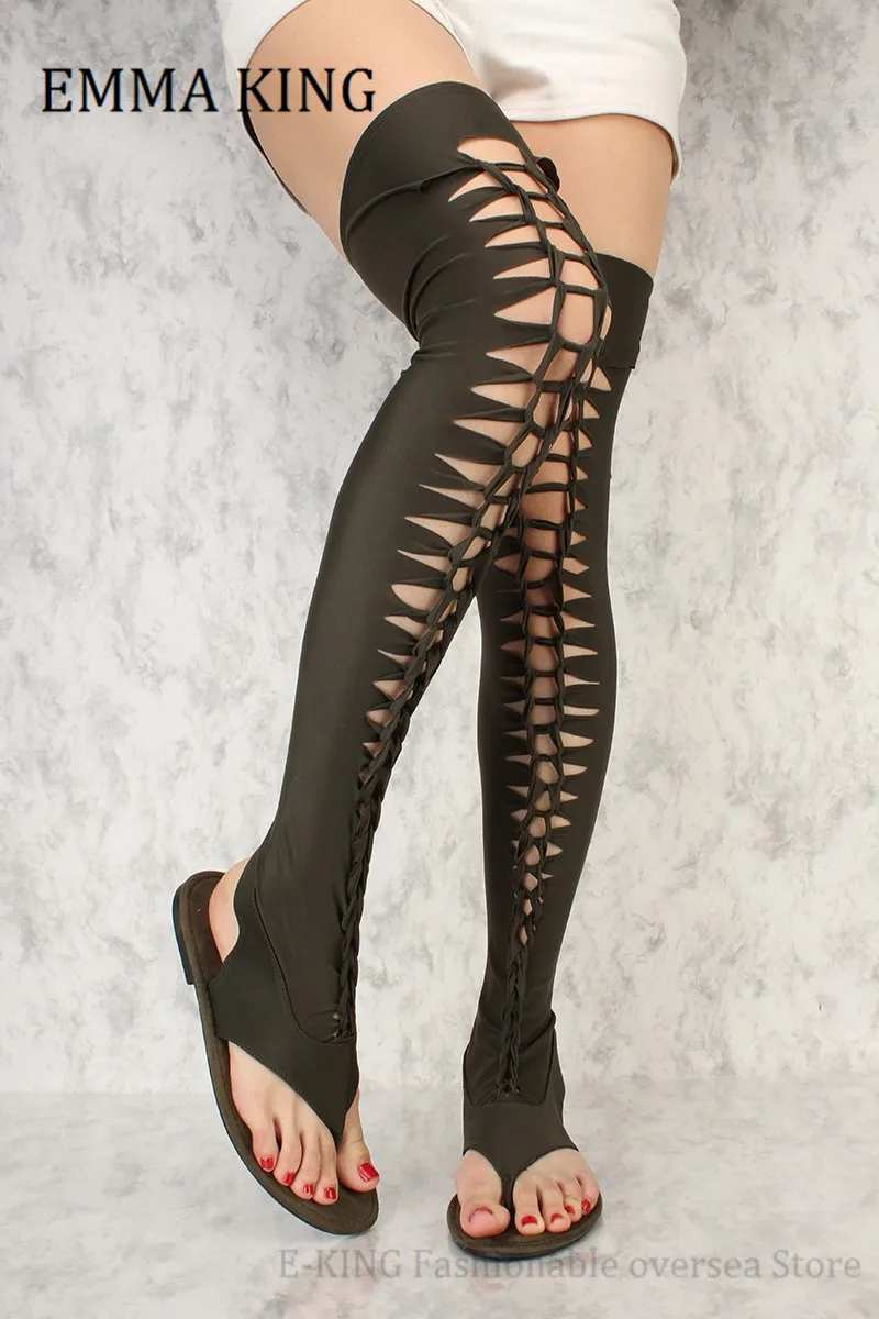 Black Lycra Thigh High Gladiator Sandals Women Long Strap Thigh High Flat Sandals Stretch Open Toe Over The Knee Boot For Women