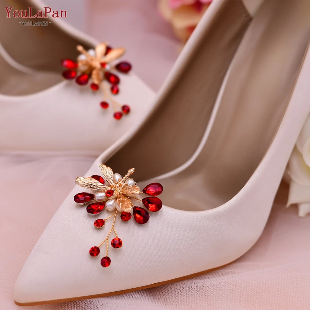 YouLaPan X43 2pcs Wedding Shoe Clip High Heels Decoration Accessories Red Rhinestone Women Shoes Decorative Bridal Buckle