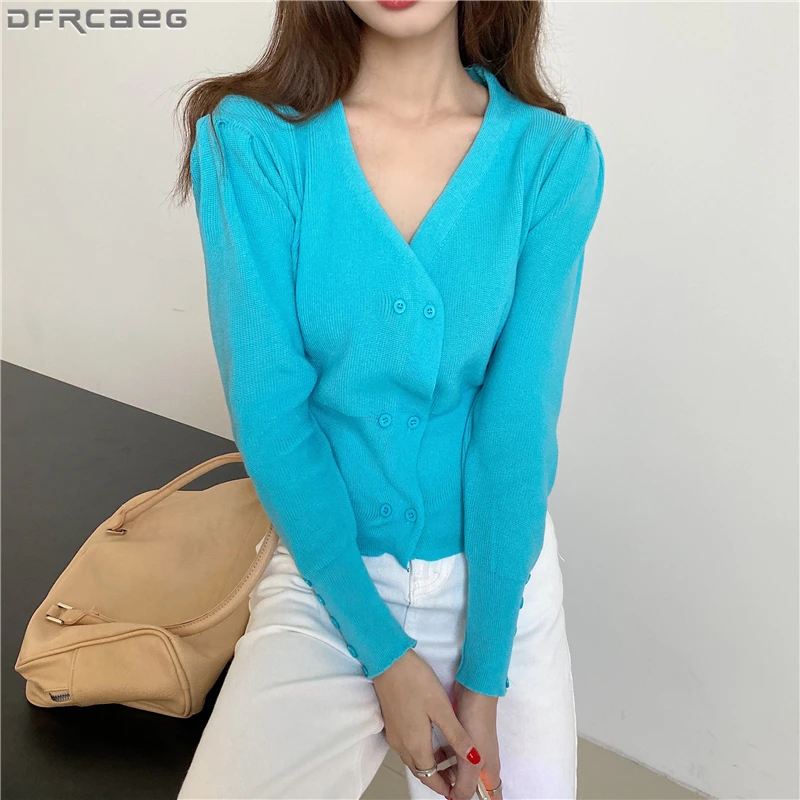 

New Fashion V-Neck Knitted Cardigan Autumn Winter Knitwear Sweater Women Double Buttons Puff Sleeve Pull Femme Basic Tunic Tops