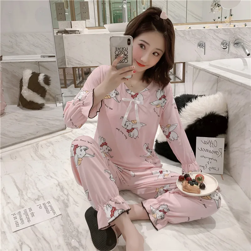 

H5724 Ladies Pajamas Spring Autumn Long Sleeve Leisure Cartoon Sleepwear Detachable with Chest Pad Women Casual Nightwear Suit