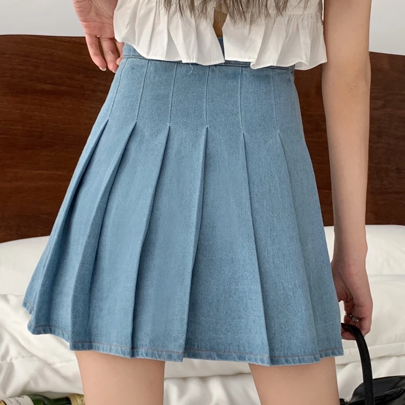 Casual Women Solid Denim Mini Sexy A-Line Pleated Skirt Summer Korean Kawaii Harajuku High Waist Short Skirts Female