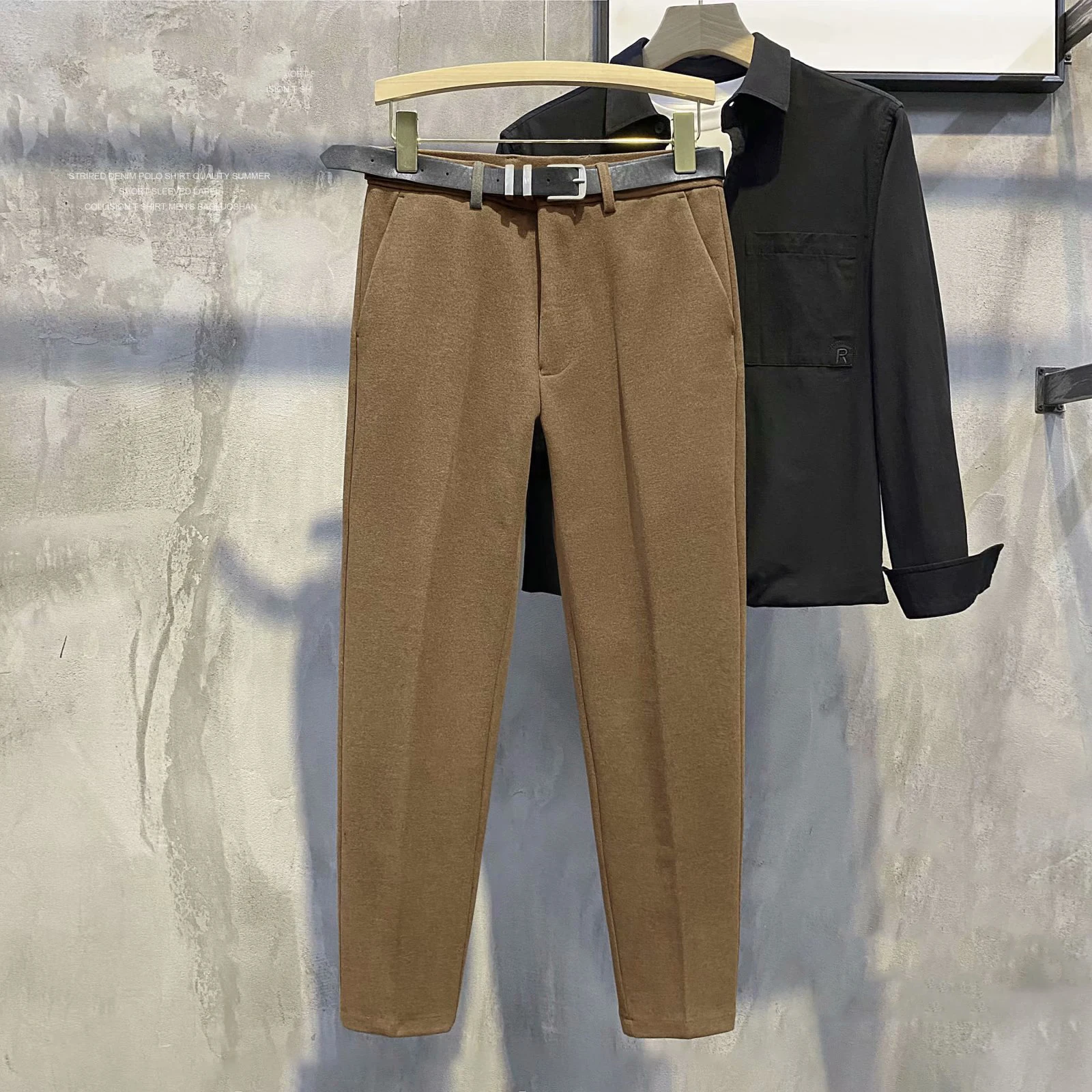 Winter Men Thick Woolen Cloth Suit Pants Casual Straight Drape Korean Fashion Business Trousers Male Clothing (No Belt)