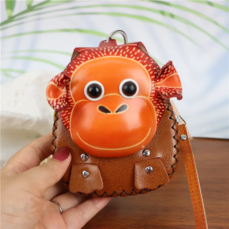 

Vegetable Tanned Cowhide Cartoon Little Monkey Coin Purse Car Key Bag Children'S Messenger Bag Small Gift