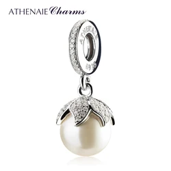 ATHENAIE 925 Sterling Silver with Pave Clear CZ Luminous Elegance White Pearl Drops Charms Fit Women Bracetes & Bangle Jewelry