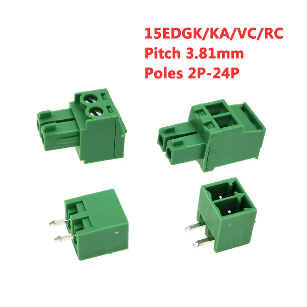 

50pcs Pitch 3.81mm Screw Plug-in PCB Terminal Block 15EDGK/KA/VC/RC 2-24 Pin Wire Connector male/female Pluggable morsettiera 8A