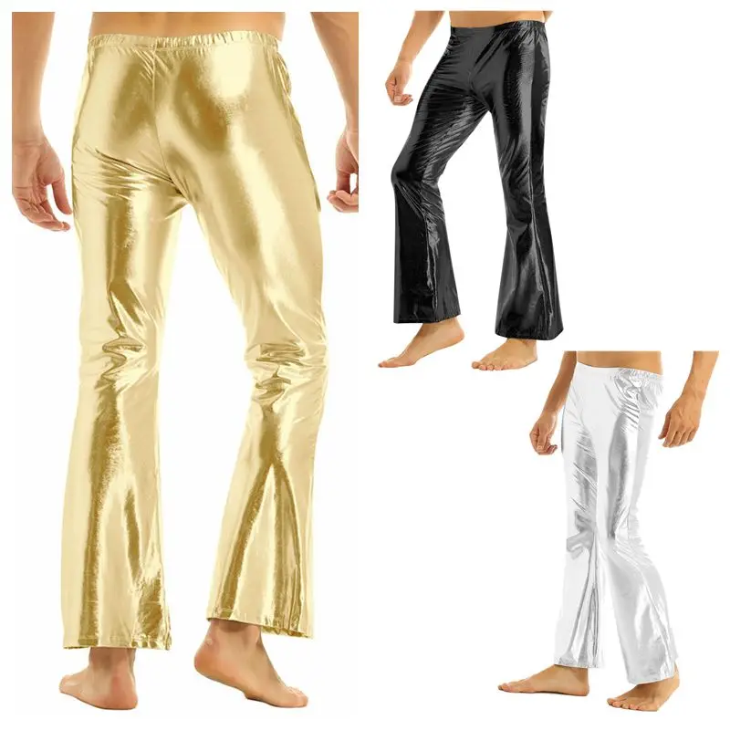 Adult Mens Moto Punk Clubwear Party Pants Shiny Metallic Disco Pants with Bell Bottom Flared Long Pants Dude Costume Trousers