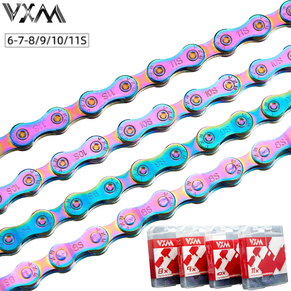 VXM Bicycle Chain 8 9 10 11Speed Fully Electroplated Colorful MTB Road Bike 116 Links Chains 21 24 27 30 33S Chain Bicycle Part