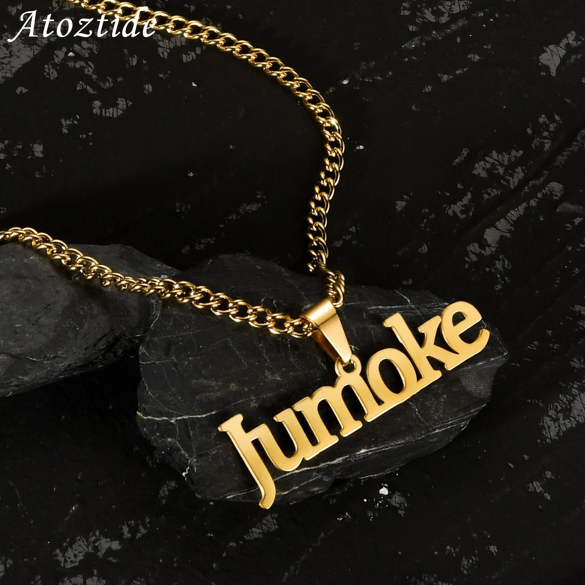 Atoztide Customized Name Necklace Pendant Gold Color Personalized Stainless Steel 4mm Side Thick Chain Jewelry for Women Gifts