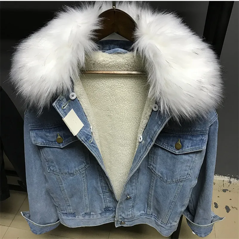 

Korean Winter Thick Warm Black White Big Fur Collar Denim Jackets Women Outerwear Casual Loose Short Jeans Jacket Coat Female