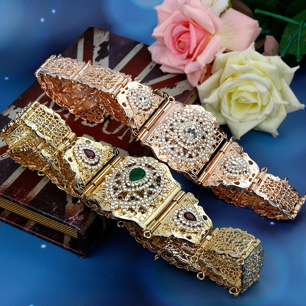 

Sunspicems Chic Moroccan Belt for Women Gold Silver Color Rhinestone Waist Chain Adjustable Bridal Caftan Belt Wedding Jewelry