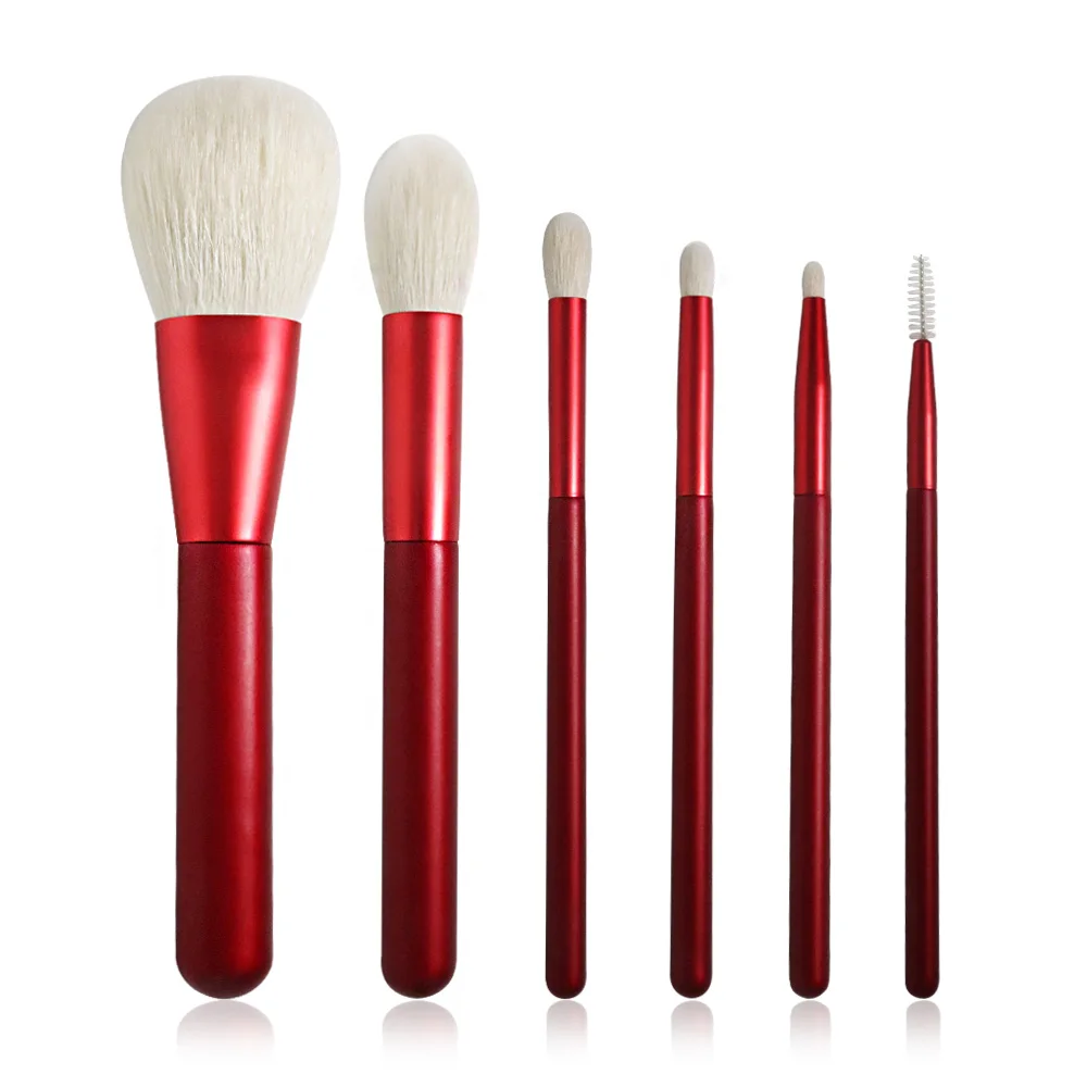 High Quality 6Pcs Natural Goat Hair Makeup Brush Set With Pouch & Air Puff Red Beauty Blending Powder Brush Eye Brush Kits