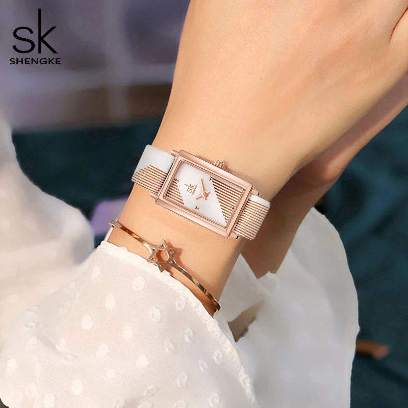 Shengke-Montre-bracelet rectangulaire pour femme, bracelet en cuir, mouvement à quartz, blanc, élégant, nouveau créateur