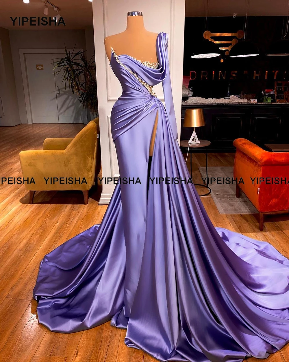 Yipeisha ลาเวนเดอร์ Mermaid Evening Dresses หรูหราแขนยาว Glitter Rhinestones Side Slit ชุดราตรีพรรคประกวดชุด