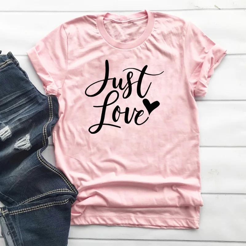 

Just Love Heart Print T-shirt Trendy Women O-Neck Inspirational Kindness Tshirt Summer Graphic Motivational Valentines Tees Tops