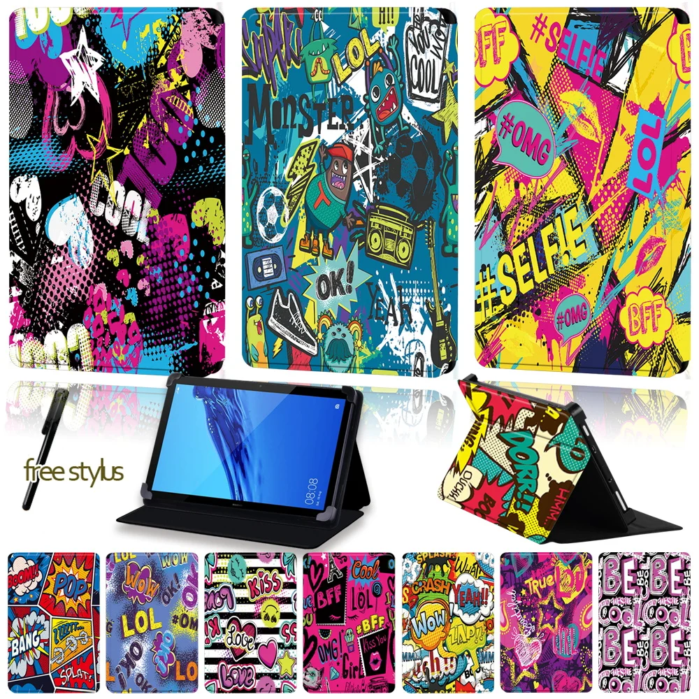 Tablet Case for Huawei MediaPad (T1 7.0 /T3 7.0 /T1 8.0 /T3 8.0) /MediaPad (T1 /T5)10 /T2 10 PRO Graffiti Flip Cover Case+Stylus