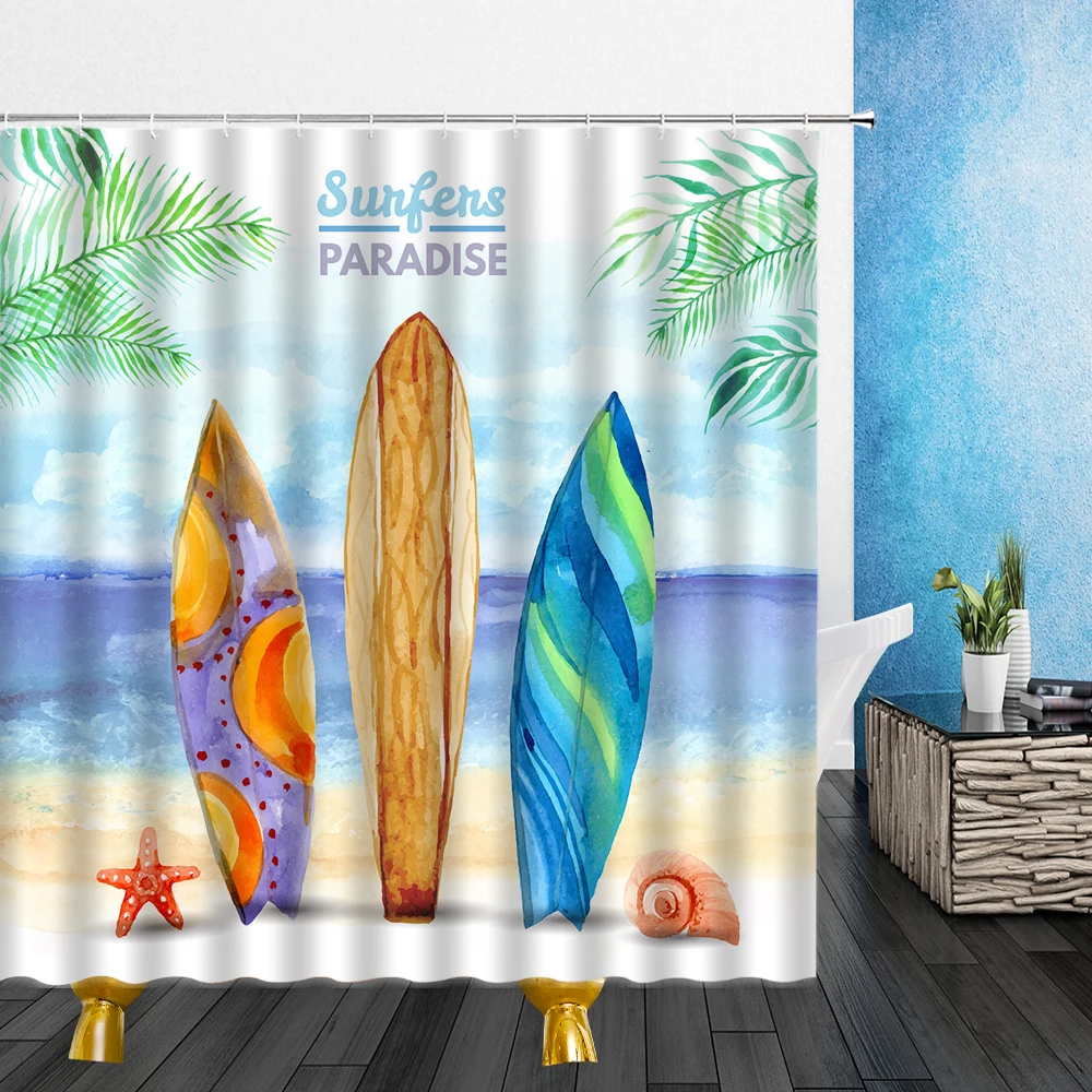 Surfboard Shower Curtains Beach Summer Sunshine Wooden Board Pattern Mildew Proof Multi-size Bathroom Home Decor Cloth Curtain