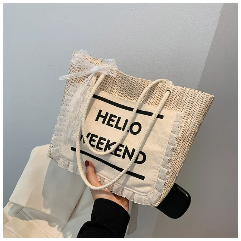 Elegant Women Summer Straw Bag Hand-Woven Underarm Bags Lace Bow Rattan Bag Large Capacity Casual Tote Bags Beach Travel Handbag