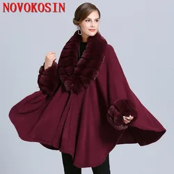 Winter Cloak Warm New Women Cardigan Big Imitation Striped Fox Fur Collar Cape Fashion Solid Poncho Overcoat With Long Sleeves