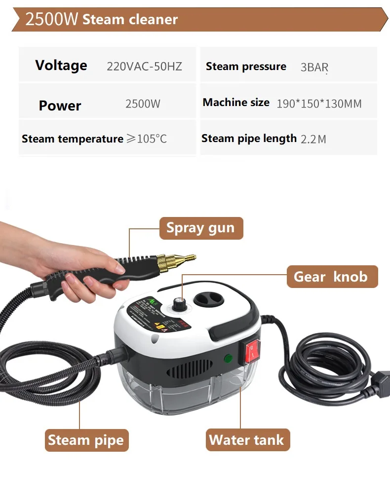 2500W Steam Cleaner With 900ML Water Tank Car Air Conditioning Kitchen Hood Steaming Cleaning Machine Home Appliance 220V