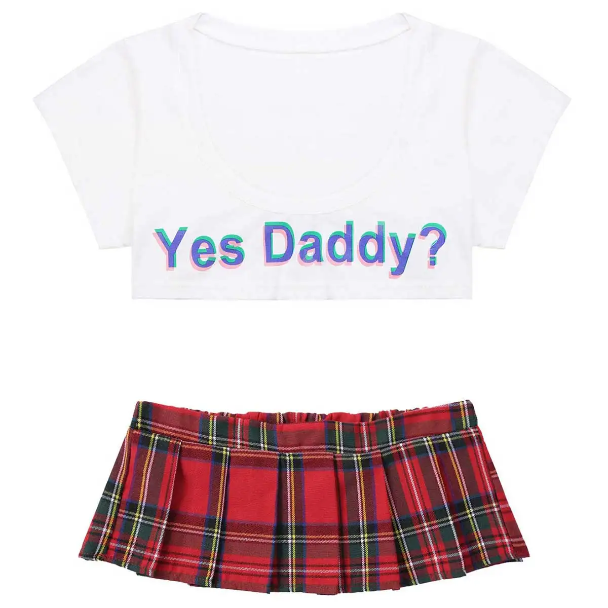 Womens Japanese Lingerie Parties Sexy School Girls Costumes Clubwear Yes Daddy? Letter Crop Tops with Mini Plaid Pleated Skirt