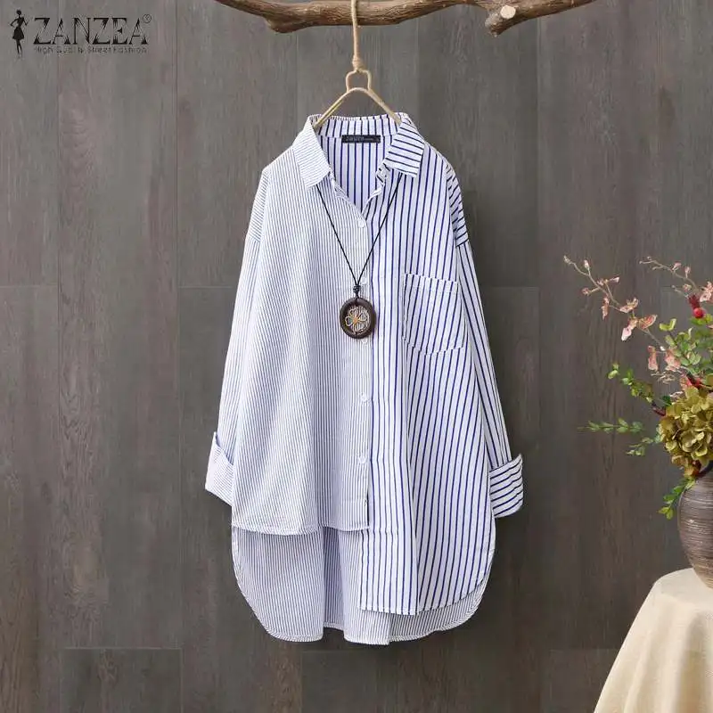 Oversized Women\'s Asymmetrical Shirts ZANZEA 2023 Elegant Striped Tops Casual Long Sleeve Blusas Female Button Stiching Tunic