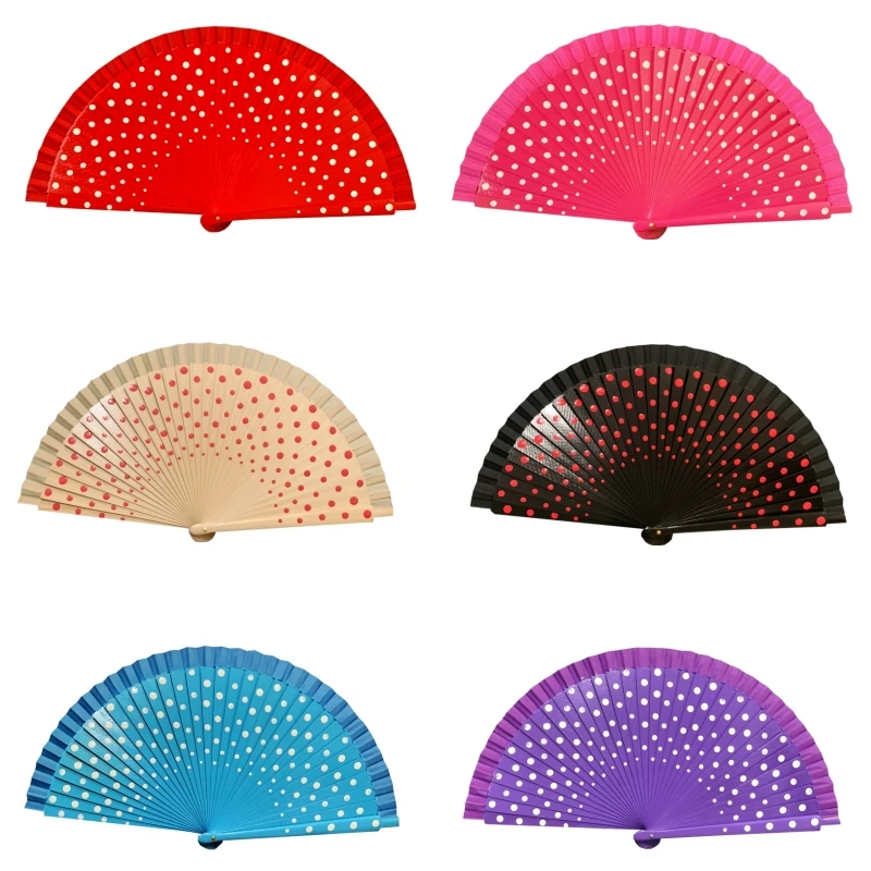 

12PCS Polka Dots Design Spanish Style Wood Fan Wedding Party Gift Favors With 6 Colors For Hot Dance or Home Decorations